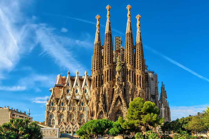 Sagrada Familia basilica in Barcelona under blue sky